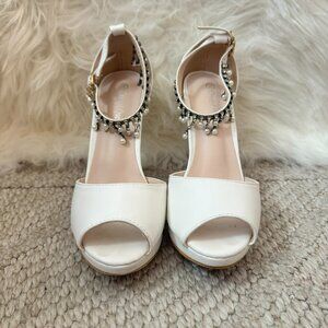 Crystal Queen White Embellished Ankle Strap Heels | Size 8